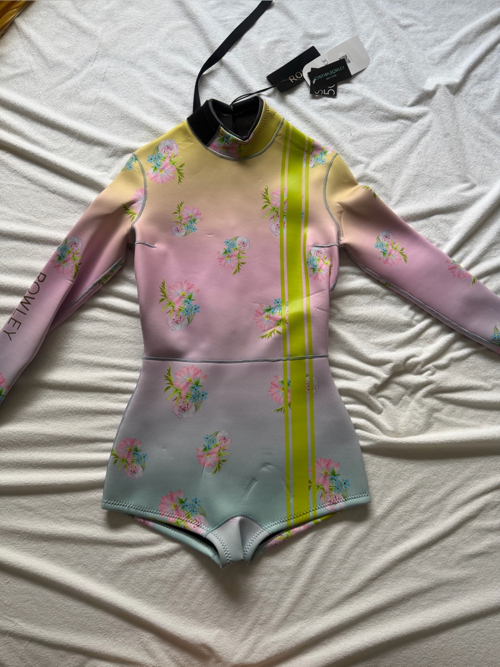 Cynthia Rowley Pastel Floral Long-Sleeve Surf Suit with Lime Stripe - Picture 3 of 5